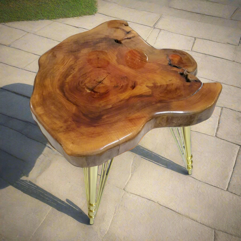 Glossy | Wooden LIVE EDGE Golden Legs| Epoxy Resin Central Table | SKU-1