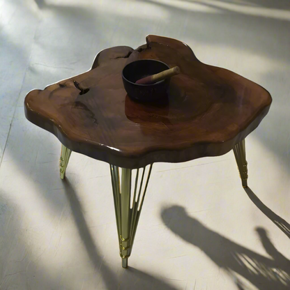 Glossy | Wooden LIVE EDGE Golden Legs| Epoxy Resin Central Table | SKU-1