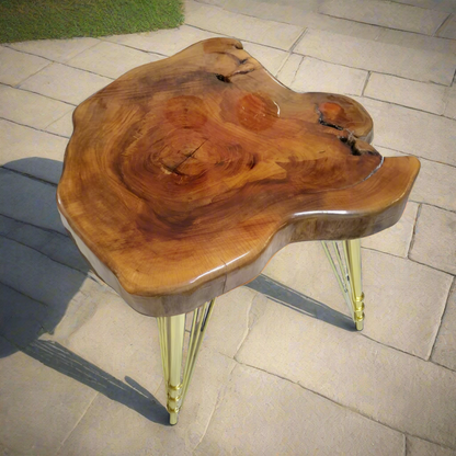 Glossy | Wooden LIVE EDGE Golden Legs| Epoxy Resin Central Table | SKU-1